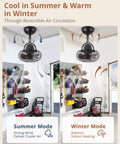 No Frills Remote Wall Mount Fan 10 Inch Compact With Plug In Cord Six Speeds Adjustable Tilt Reversible DC Motor Timer 1H 2H 4H Ideal For Garage Shop Office Bedroom Gym Walnut Finish shown in summer and winter modes.