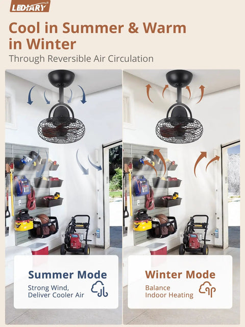 No Frills Remote Wall Mount Fan 10 Inch Compact With Plug In Cord Six Speeds Adjustable Tilt Reversible DC Motor Timer 1H 2H 4H Ideal For Garage Shop Office Bedroom Gym Walnut Finish shown in summer and winter modes.