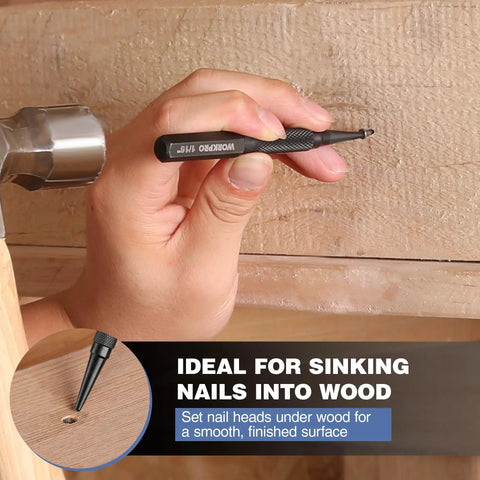 Using Cr-V Hardened Nail Punch And Center Punch Set With Knurled Grip to drive nails into wood, showing tool in hand against wooden surface.