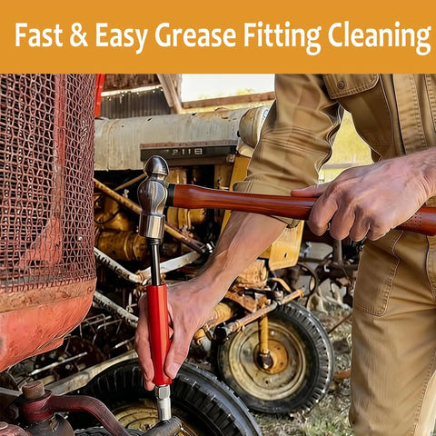 Using Grease Fitting Cleaning Tool No More Clogged Zerks Zerk Buster That Clears Old Dried Grease on machinery in workshop
