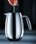 Thermal French Press Coffee Maker 51 Oz Double Wall Stainless Steel Insulated Plunger with glossy chrome exterior and handle.