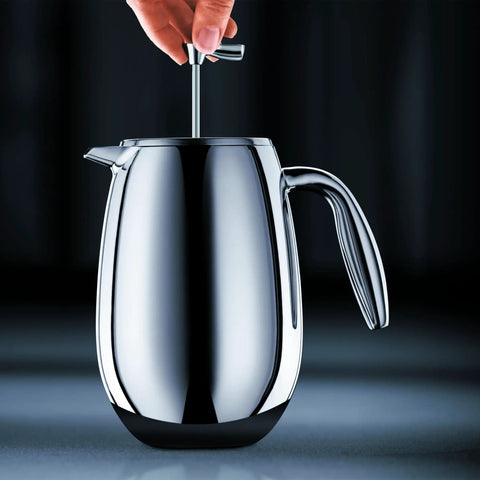 Thermal French Press Coffee Maker 51 Oz Double Wall Stainless Steel Insulated Plunger with glossy chrome exterior and handle.