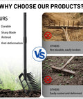Comparison chart showing 2-In-1 Garden Hoe With 12 Tines And 76.8 Inch Adjustable Handle versus inferior rakes.