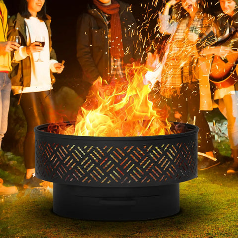 26-Inch Wood Burning Fire Pit Table With Grill And Lid For Outdoor Use, BBQ Ready Bonfire Pit at night with people gathered