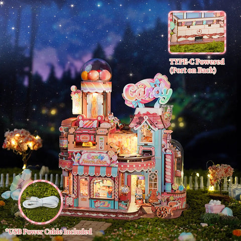 Candy Workshop 3D Wooden Puzzle Kit for Adults With Mechanical Transmission, lights, and music, shows miniature candy house scene.