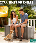31 Gallon Outdoor Storage Deck Box With Lockable Lid, Waterproof Resin Construction, used as seating on patio, taupe color