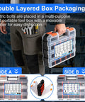 Man holding 3160 Piece Flange Bolt And Metric Screw Assortment Kit with Nuts Washers and Wrench M2 through M10 in double-layered box