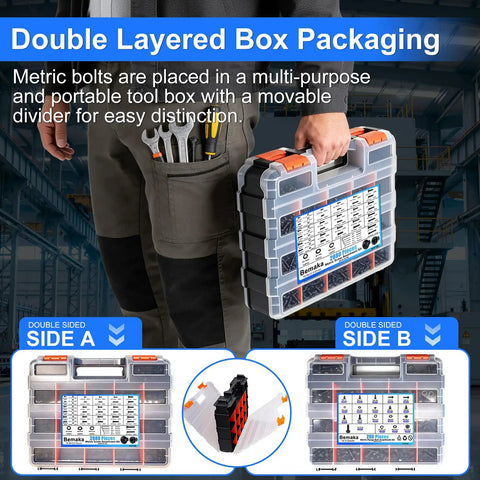 Man holding 3160 Piece Flange Bolt And Metric Screw Assortment Kit with Nuts Washers and Wrench M2 through M10 in double-layered box