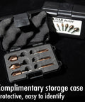 Open case showing Six Piece M35 Cobalt Countersink Drill Bit Set For Metal And Wood, 82 Degree Quick Change Hex Shank HSS, five flutes.
