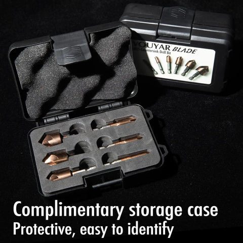 Open case showing Six Piece M35 Cobalt Countersink Drill Bit Set For Metal And Wood, 82 Degree Quick Change Hex Shank HSS, five flutes.