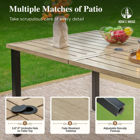 Outdoor Dining Table For 6 In A Rectangular Metal Patio Table With Umbrella Hole, Weatherproof Wood Like Steel Slat Top