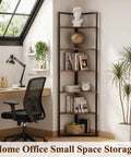 Six Tier Corner Bookshelf With Industrial Metal Frame And Engineered Wood Shelves in an office with desk and plant decor