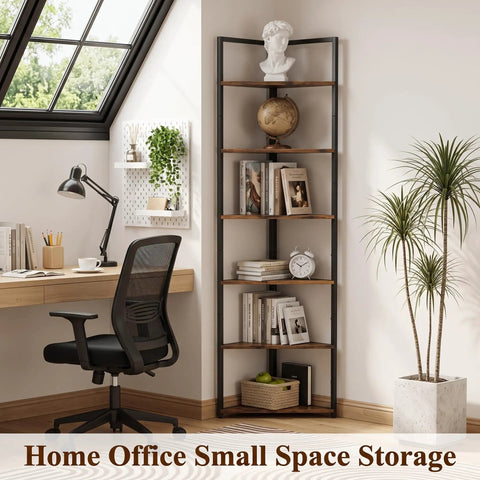 Six Tier Corner Bookshelf With Industrial Metal Frame And Engineered Wood Shelves in an office with desk and plant decor