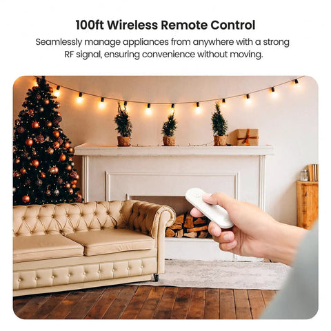 Remote control in hand operating 2 In 1 Dimmer Plug With Remote No Smart Features, Wireless Control Outlet With Up To 100 Ft Range