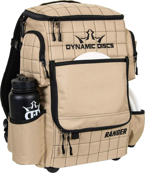 Ranger Disc Golf Backpack For Over Twenty Discs With Quick Access Pocket Water Bottle Holder Retriever Holster And Ample Storage Gear For Your Round In Sandstone Color, shown from front angle with discs and bottle visible