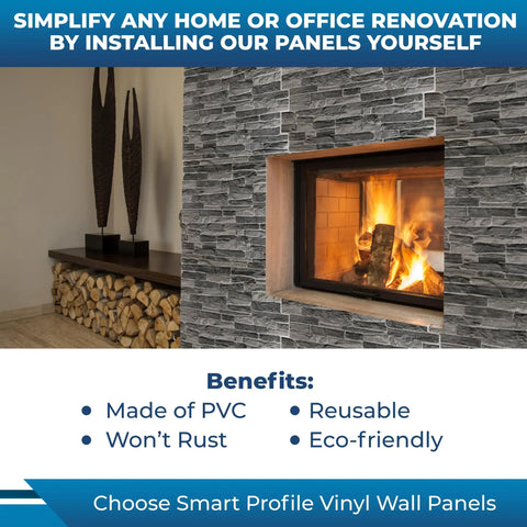 Slate Classic 3D Wall Panels for Interior Decor, 10 Pack PVC Covers Covering 50 Sq Ft around fireplace, textured stone look