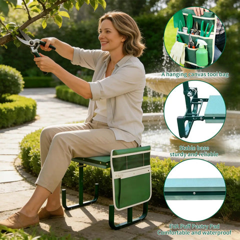 Person using Adjustable Garden Kneeler And Seat With Foldable Frame Wide Kneeling Pad And Two Tool Pouches Five Height Settings