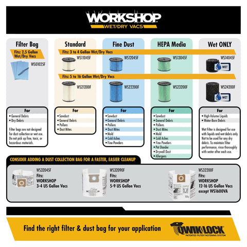 Workshop filter and dust bag chart for Heavy Duty Wet Dry Shop Vac 14 Gallon High Power Vacuum Cleaner With 6.0 Peak HP.