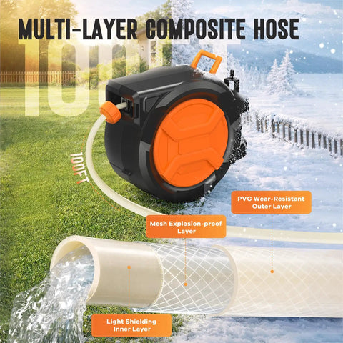 Heavy Duty Auto Rewind Garden Hose Reel With 1/2 Inch By 100 Feet 2 In 1 Wall Mount And Portable Design No Kink System mesh hose layers