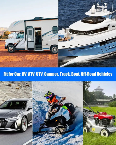 Collage featuring RV, yacht, car, snowmobile, and lawnmower with text for dual battery isolator kit usage.