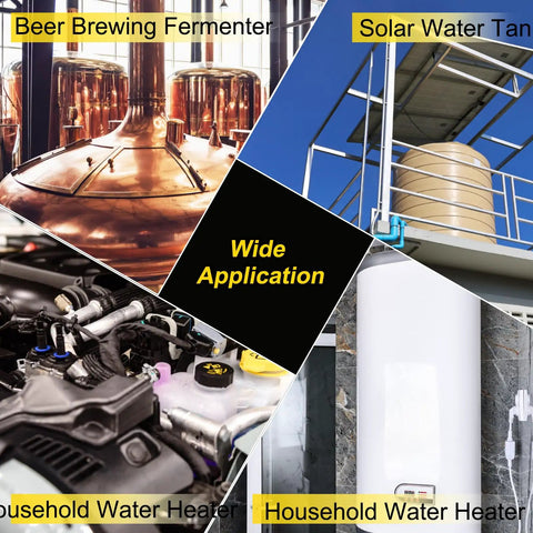 Collage showing applications: beer brewing fermenter, solar water tank, car engine, household water heater.