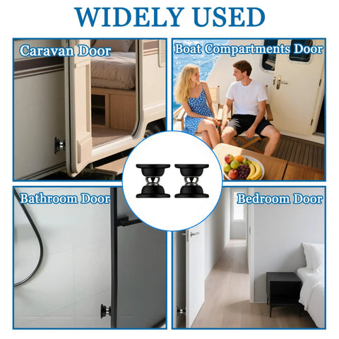 Magnetic Door Catch Kit For RVs And Campers Black Door Stopper demonstration in caravan, boat, bathroom, and bedroom doors