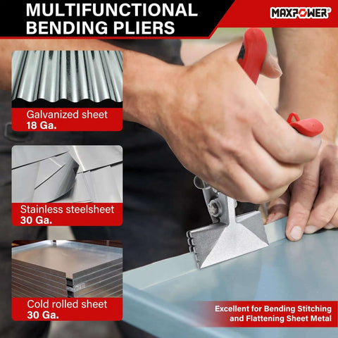 Person using Two Pack Pro Grade Sheet Metal Hand Seamer With 3 Inch Offset Jaw And 6 Inch Straight Jaw, Ideal for bending metal.