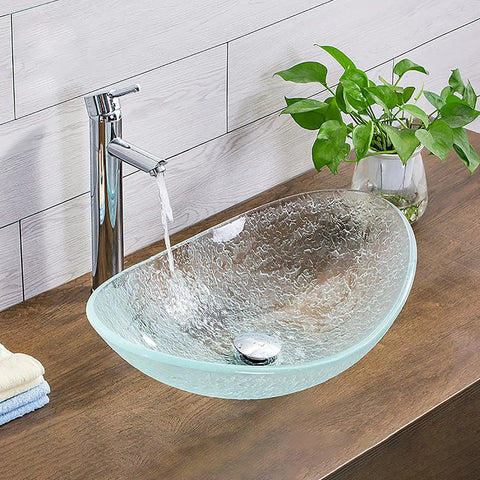 USZWBY Bathroom Vessel Sink Vanity Tempered Glass Vessel Bowl Sink Oval Transparent Countertop Sink Bowl Above Counter Sink Art Basin with faucet