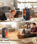 Portable Electric Fireplace Heater For Indoor Use With 1500W High And 750W Low Settings Realistic 3D Flame Thermostat Carry Handle Overheat And Tip Over Protection All Season Cozy Space Heater For Home Office Bedroom Desk Black demonstrating safety features