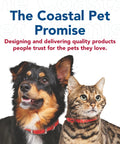Black and brown dog and striped cat wearing red collars, promoting The Coastal Pet Promise of quality pet products.