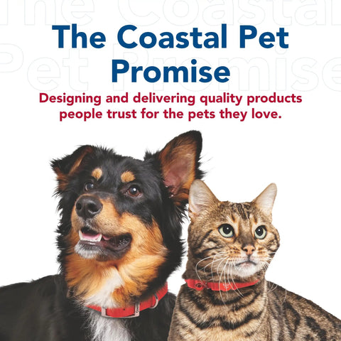Black and brown dog and striped cat wearing red collars, promoting The Coastal Pet Promise of quality pet products.