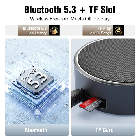 Bluetooth 5.3 chip and TF slot shown on the Rugged IP67 Waterproof Bluetooth Speaker With Submersible Design, Portable Tiny Speaker