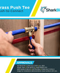 Brass Push To Connect Tee Fitting For Plumbing Quick Installation in use with blue and red pipes on wooden frame.