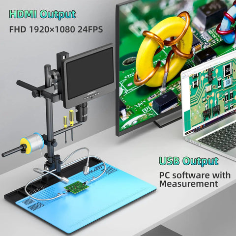 High Power 10.1 Inch HDMI Digital Microscope With 2000X Zoom And 3 Lens System For Soldering, Coins, Plants, And Biological Slides, UHD 2160P Video Capture, Great For Makers And Hobbyists, shown with HDMI and USB output