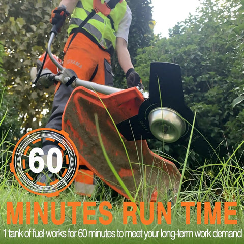 Person using 40cc Gas Powered Beast Of A Brush Cutter With 4 Cycle Engine, durable blade for efficient yard trimming