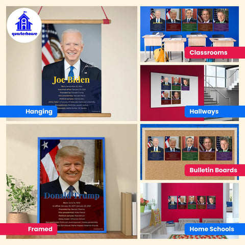 Five Poster Set Of American Presidents For Classrooms Featuring Biden Trump Obama Bush Clinton, Each 12 By 18 Inches, Satin Finish