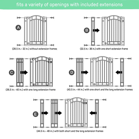 Diagram of Extra Tall Walk Through Baby Gate For Doorways And Stairs Fits Openings From 28.5 To 48 Inches 36 Inch Tall Black Metal Safety Gate No Drill Pressure Mount Ideal For Babies And Pets At Home showing various extensions.
