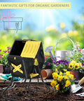 18.5 Gal Tumbling Compost Bin For Outdoor Gardens With BPA Free Materials Easy Turn Single Rotating Chamber Fast Working System UV Protected Barrel And Powder Coated Steel Stand Space Saver For Balcony Patio Or Rooftop next to gardening tools and flowers