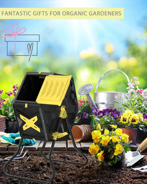 18.5 Gal Tumbling Compost Bin For Outdoor Gardens With BPA Free Materials Easy Turn Single Rotating Chamber Fast Working System UV Protected Barrel And Powder Coated Steel Stand Space Saver For Balcony Patio Or Rooftop next to gardening tools and flowers