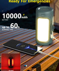 Rechargeable 3-In-1 Camping Lantern with Foldable Tent Light and Handheld Flashlight, charging phone, wood table