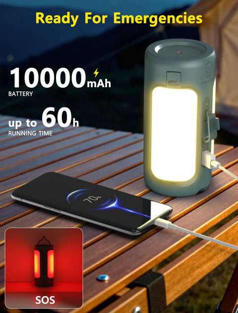 Rechargeable 3-In-1 Camping Lantern with Foldable Tent Light and Handheld Flashlight, charging phone, wood table