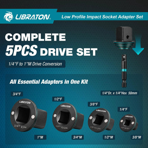 Low Profile Impact Socket Adapter Set, 5 Piece Magnetic Drive Converter Kit For Tight Spaces, includes 1/4 to 1 inch adapters
