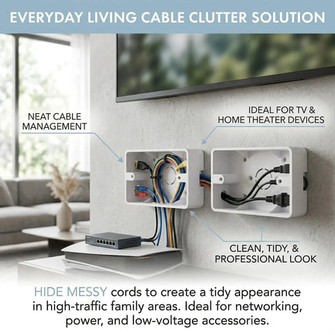 5 Pack Surface Mount Outlet Box Plastic Electrical Junction Enclosure Backbox DIY Ready For Home Wiring Durable PVC Weatherproof Wall Mount Safe Installation Box For Electrical Sockets And Cable Management installed in living room for cable management.