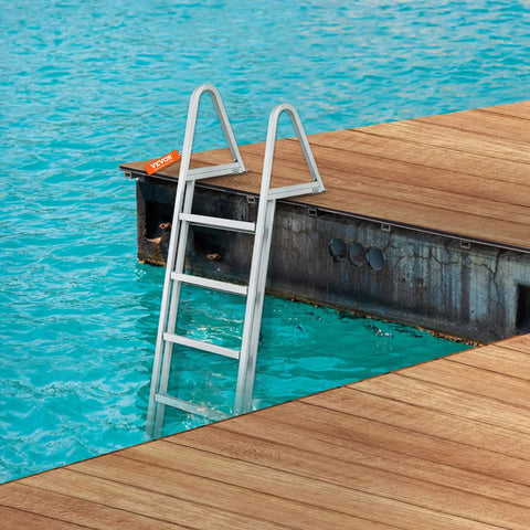 Removable Dock Ladder With 5 Steps And 350 Lbs Load Capacity For Pontoon Boats 4 Inch Wide Nonslip Pedals All Aluminum Design Built For Ship Lake Pool And Marine Boarding on dock