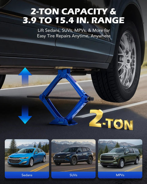 Orion Motor Tech 2 Ton Scissor Jack 15 Pc Kit 4409 Lb Capacity Heavy Duty Portable Car Tire Changing Tool With Thickened Base For Sedans Suv And Mpv Effortless Lift And Stability On The Road, lifting a sedan for tire repairs.