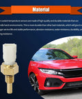 Engine coolant temperature sensor front view with brass threaded body and white connector; red Honda car in background.