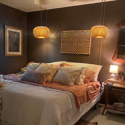 Plug In Pendant Light With Handwoven Bamboo Shade, Double Layer Boho Wicker Rattan Hanging Lamp in cozy bedroom setting