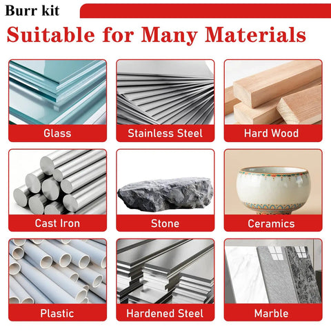 Hard Hitting Carbide Rotary Burr Kit With Tungsten Steel Double Cut Bits And Premium Aluminum Oxide Sanding Bands Designed For Dremel Tools To Deliver Knockout Finishes On Wood And Metal Jobs Quick And Easy, showing materials like glass, stainless steel, hardwood, and stone.