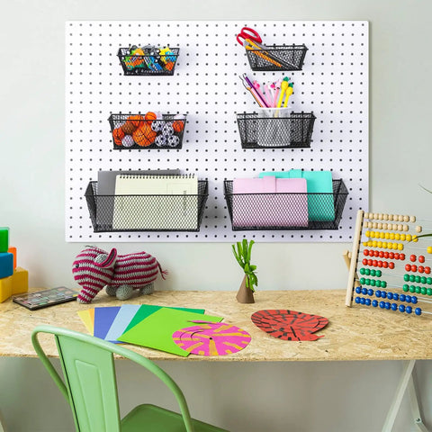 Six Piece Pegboard Basket Set Wall Mount Bins For Tools And Crafts In Black Three Sizes For Garage Workshop Slatwall Organization Durable Heavy Duty Construction Fits Standard Pegboard Hooks For Easy Access Tool Storage