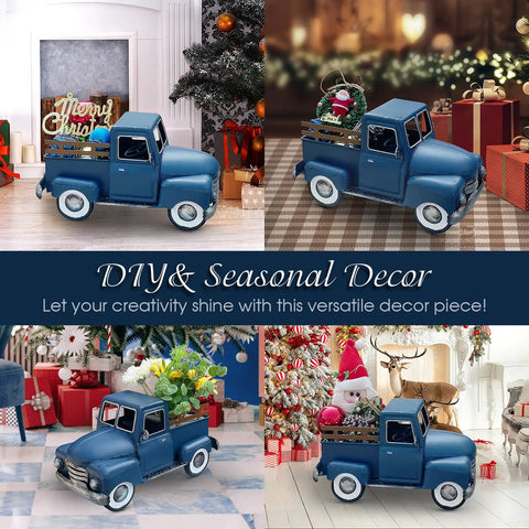 Old School Blue Metal Truck Planter Decor For Farmhouse Tables And Desks Rustic Country Style with holiday decorations